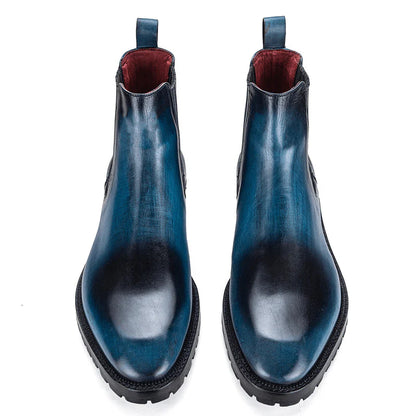 Hand-Patina Blue Leather Chelsea Boots with Rugged Sole – Premium Ankle Boots