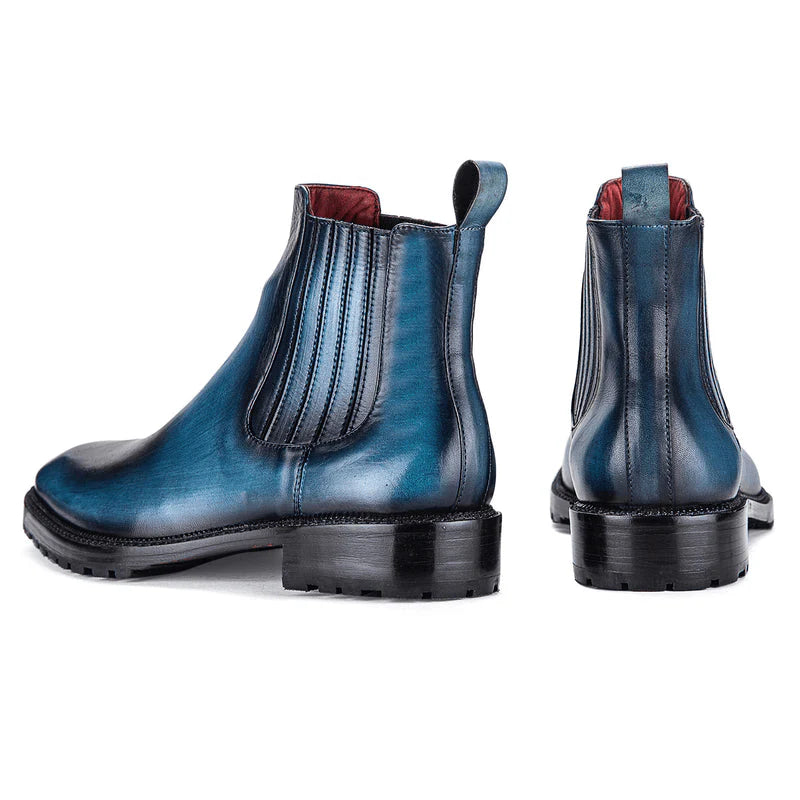Hand-Patina Blue Leather Chelsea Boots with Rugged Sole – Premium Ankle Boots