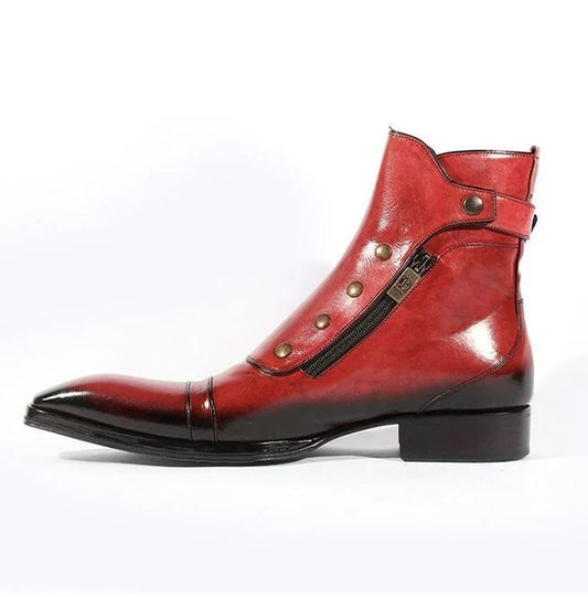 Men’s Red Leather Side-Zip Ankle Boots with Cap Toe and Buckle Strap