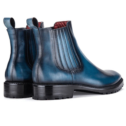 Hand-Patina Blue Leather Chelsea Boots with Rugged Sole – Premium Ankle Boots