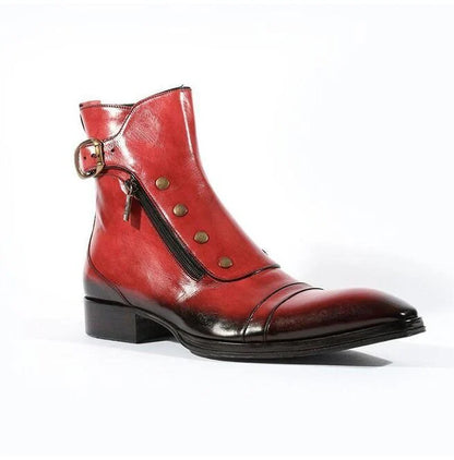 Botines de hombre de cuero rojo con cremallera lateral, puntera y tira con hebilla