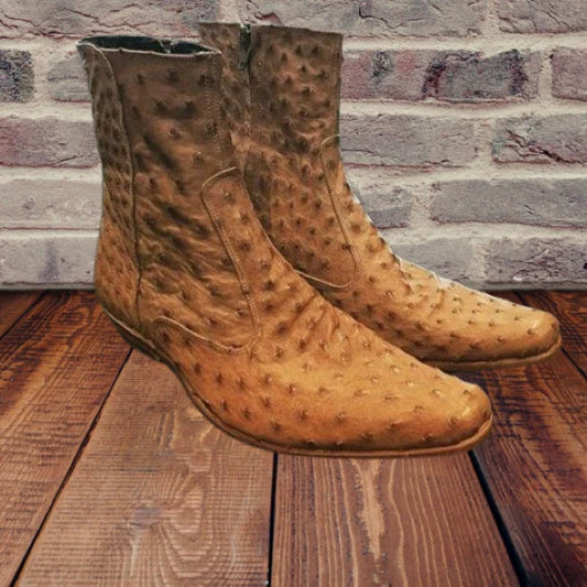 Men’s Tan Ostrich-Embossed Leather Ankle Boots with Almond Toe