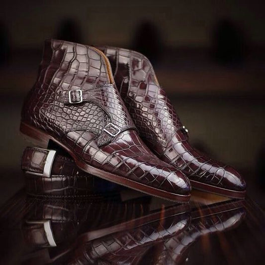 Men’s Burgundy Crocodile-Embossed Leather Monk Strap Ankle Boots