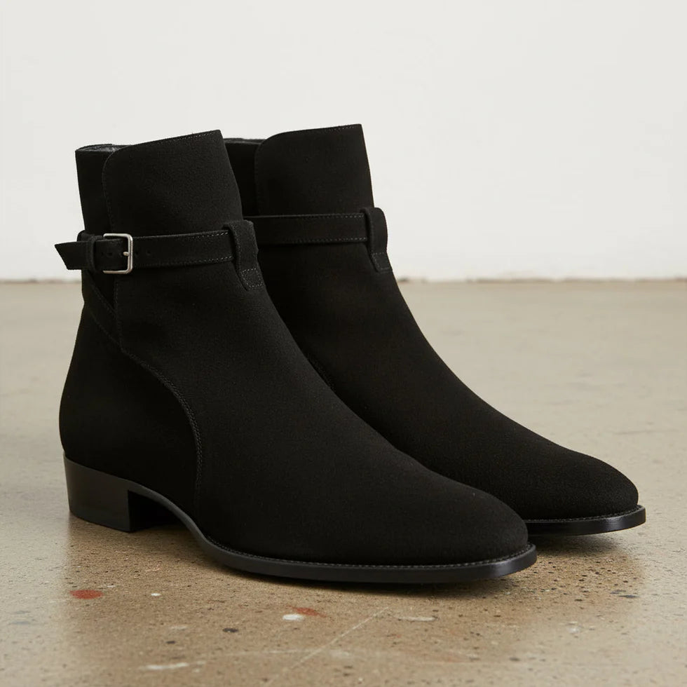 Men’s Black Suede Jodhpur Ankle Boots with Buckle Strap