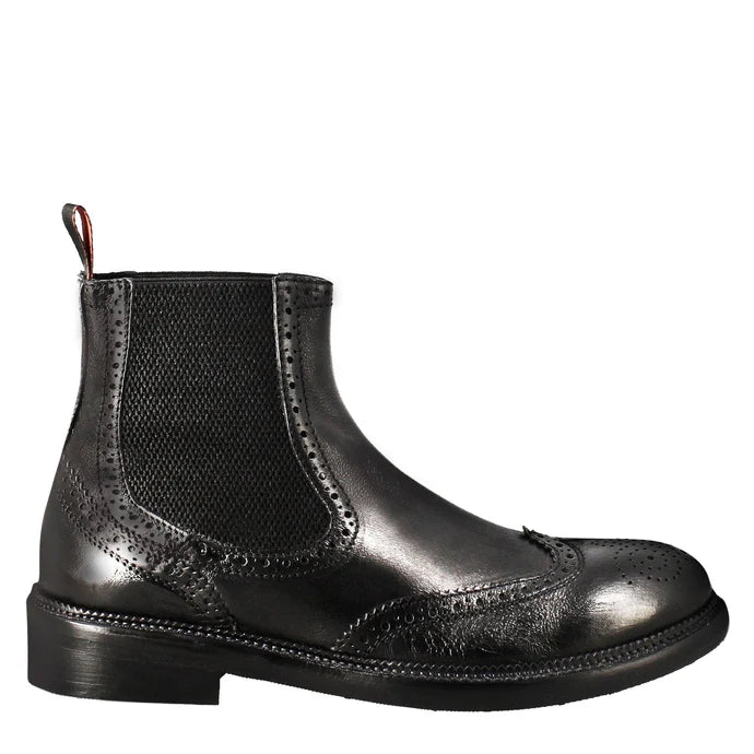 Black Leather Brogue Chelsea Boots with Elastic Panels – Classic Ankle Boots