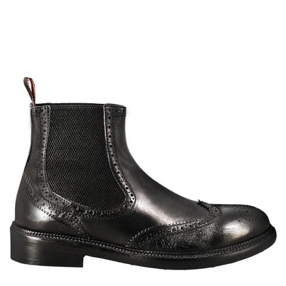 Black Leather Brogue Chelsea Boots with Elastic Panels – Classic Ankle Boots