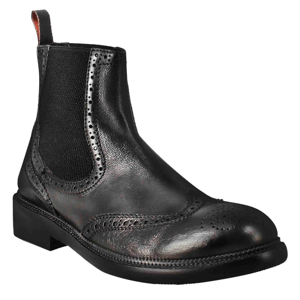 Black Leather Brogue Chelsea Boots with Elastic Panels – Classic Ankle Boots