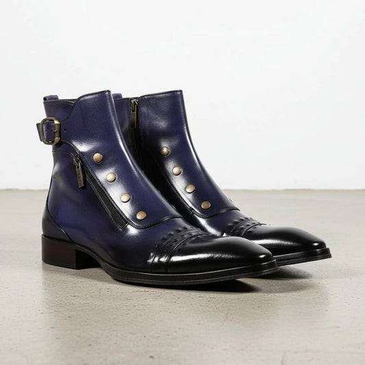 Men’s Navy Leather Side-Zip Ankle Boots with Cap Toe and Buckle Strap