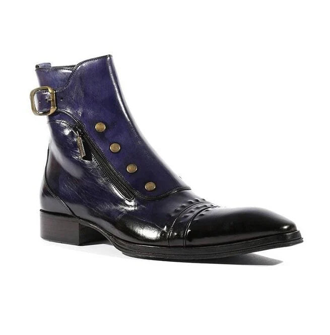 Men’s Navy Leather Side-Zip Ankle Boots with Cap Toe and Buckle Strap
