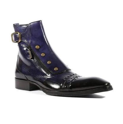 Men’s Navy Leather Side-Zip Ankle Boots with Cap Toe and Buckle Strap