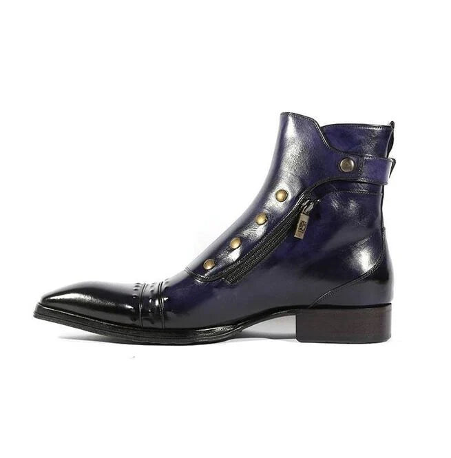 Men’s Navy Leather Side-Zip Ankle Boots with Cap Toe and Buckle Strap