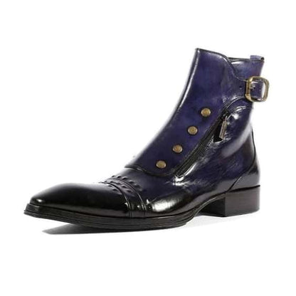 Men’s Navy Leather Side-Zip Ankle Boots with Cap Toe and Buckle Strap