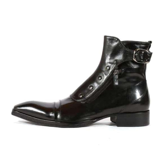 Men’s Black Leather Side-Zip Ankle Boots with Buckle Strap and Cap Toe