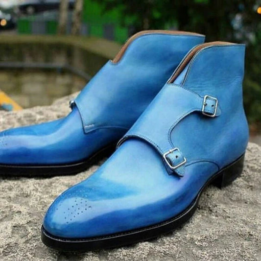 Blue Patina Double Monk Strap Ankle Boots – Handcrafted Leather Dress Boots