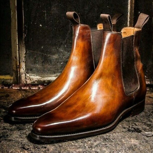 Men’s Brown Leather Chelsea Boots with Hand-Finished Patina