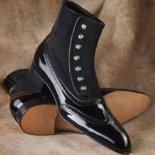 Men’s Black Patent Leather Buttoned Ankle Boots with Wingtip Detailing