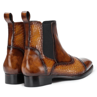 Brown Patina Leather Chelsea Boots with Croc-Embossed Panels – Premium Ankle Boots