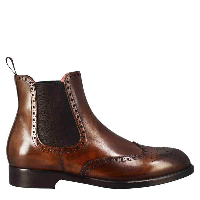 Brown Leather Brogue Chelsea Boots with Hand-Finished Patina – Classic Ankle Boots