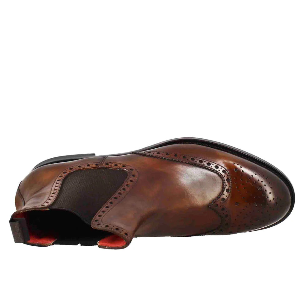Brown Leather Brogue Chelsea Boots with Hand-Finished Patina – Classic Ankle Boots