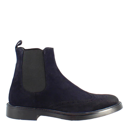 Marineblaue Chelsea Boots aus Wildleder mit Brogue-Verzierung – Klassische Stiefeletten