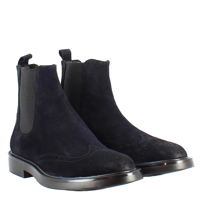 Marineblaue Chelsea Boots aus Wildleder mit Brogue-Verzierung – Klassische Stiefeletten