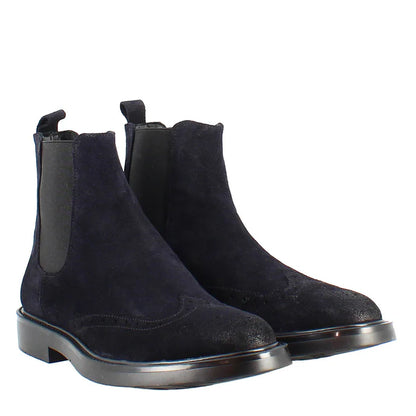 Marineblaue Chelsea Boots aus Wildleder mit Brogue-Verzierung – Klassische Stiefeletten
