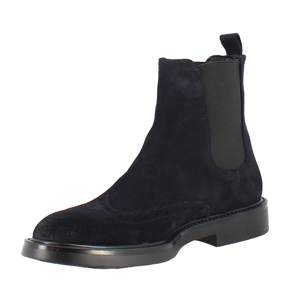 Marineblaue Chelsea Boots aus Wildleder mit Brogue-Verzierung – Klassische Stiefeletten