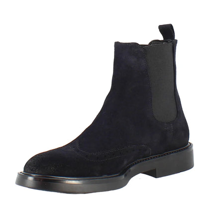 Marineblaue Chelsea Boots aus Wildleder mit Brogue-Verzierung – Klassische Stiefeletten
