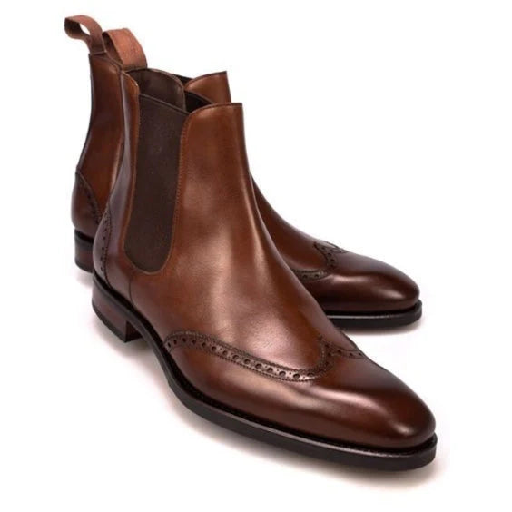Brown Leather Wingtip Chelsea Boots with Brogue Detailing – Classic Ankle Boots