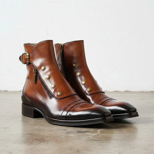 Men’s Brown Leather Side-Zip Ankle Boots with Buckle Strap and Cap Toe