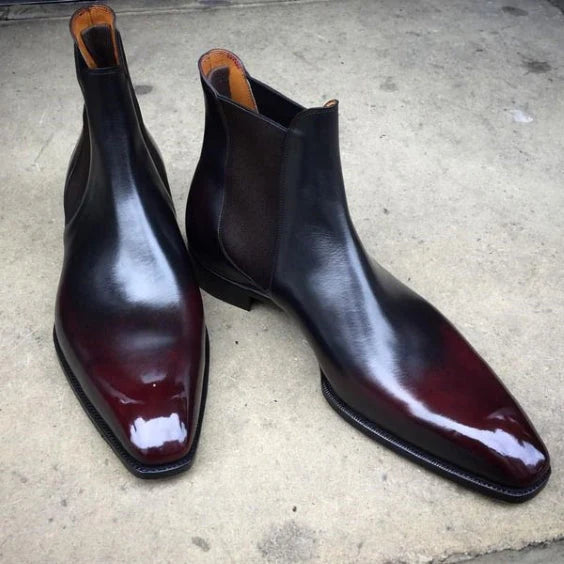 Hand-Painted Black to Burgundy Patina Chelsea Boots with Square Toe