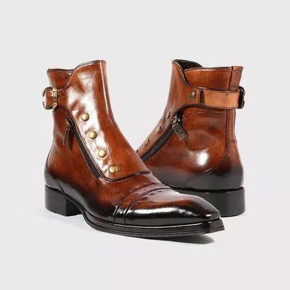 Men’s Brown Leather Side-Zip Ankle Boots with Buckle Strap and Cap Toe