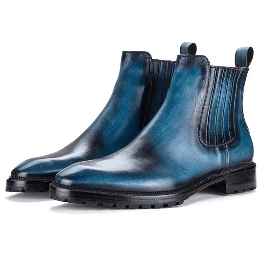 Hand-Patina Blue Leather Chelsea Boots with Rugged Sole – Premium Ankle Boots