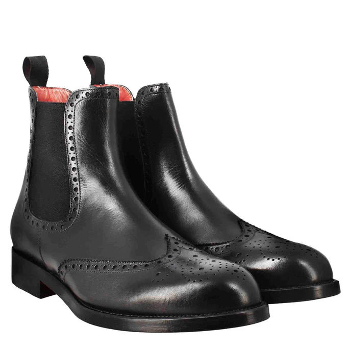 Black Leather Brogue Chelsea Boots – Classic Wingtip Ankle Boots