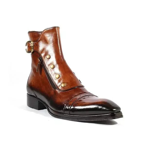 Men’s Brown Leather Side-Zip Ankle Boots with Buckle Strap and Cap Toe