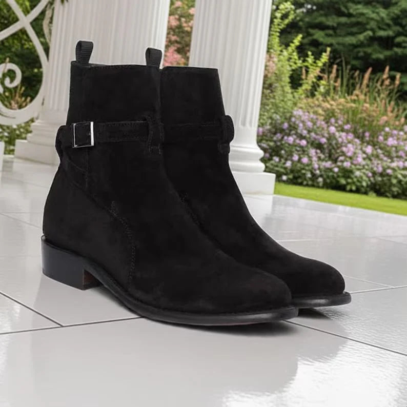Men’s Black Suede Jodhpur Ankle Boots with Buckle Strap