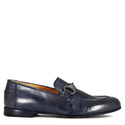 Men's moccasin in blue smooth leather with horsebit